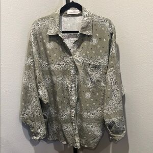 Green and White Button Down Shirt with Intricate Design